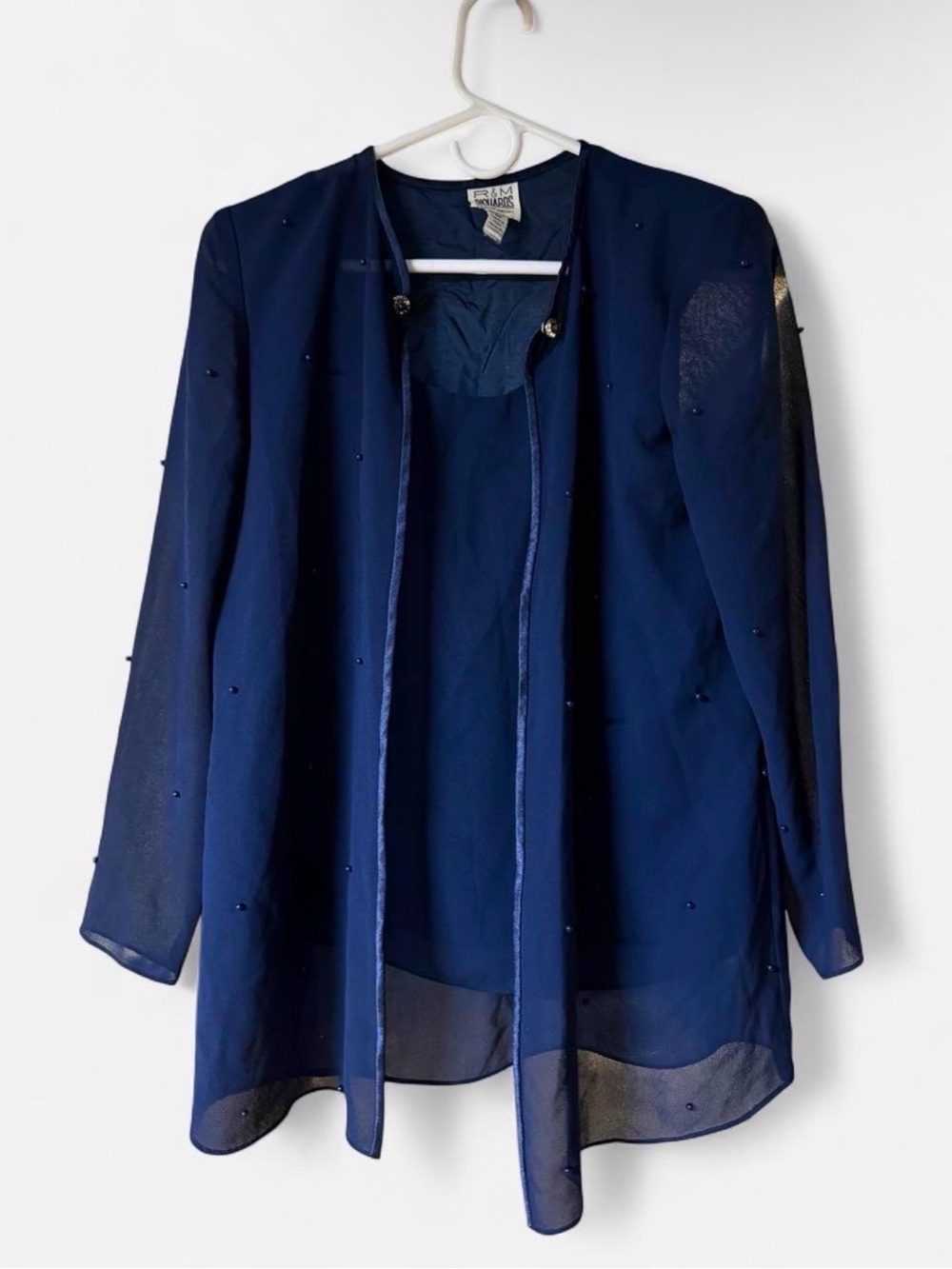 Elegant Navy Beaded Women's Blouse -Sheer Overlay